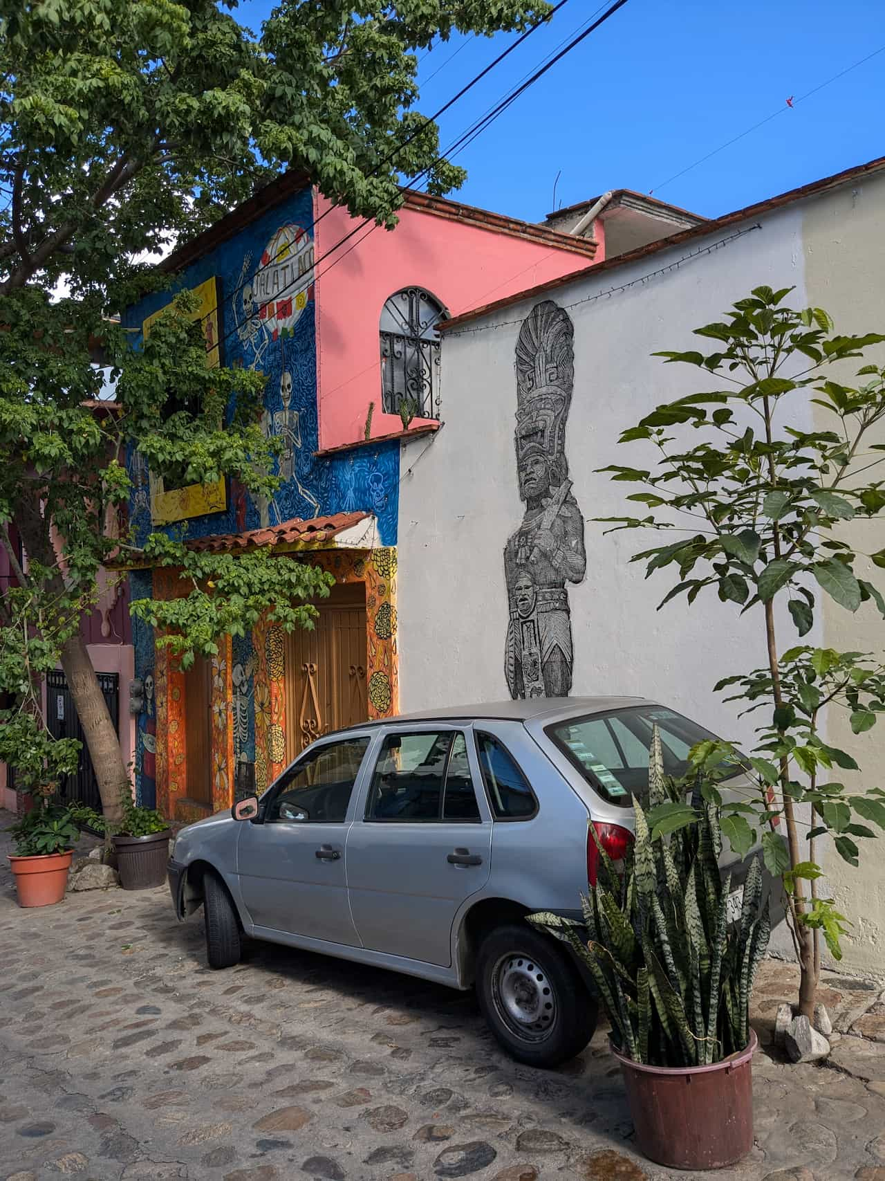 Black and white mural of a mesoamerican man in ceremonial dress next to a colorful building with skeletons dancing. The photo is framed by tall plants and a small car.