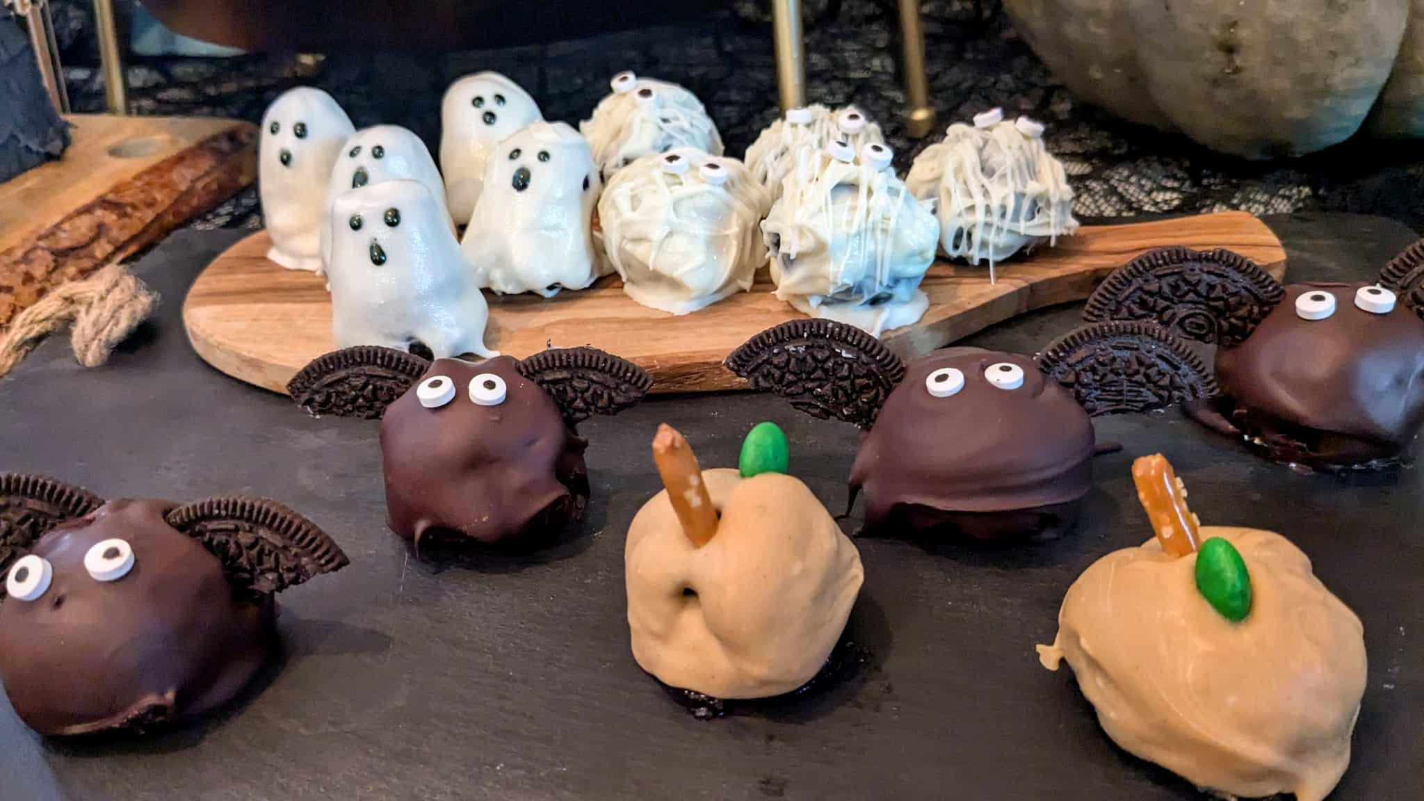 Tray of halloween themed dessert balls covered in chocolate