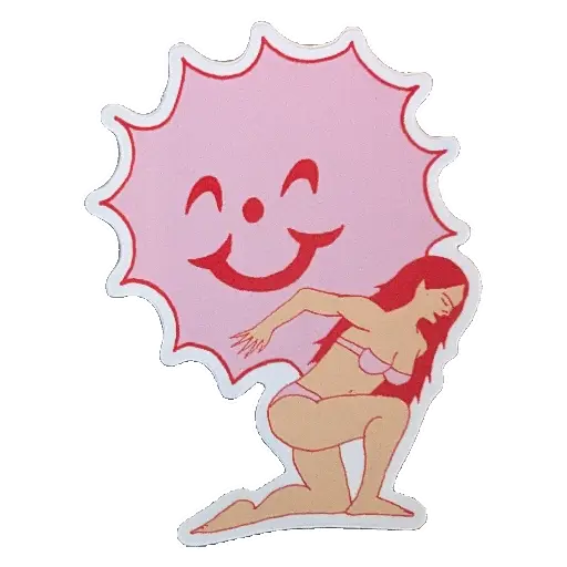 Sticker of a woman in a bikini holding up a cartoon sun on her back like atlas