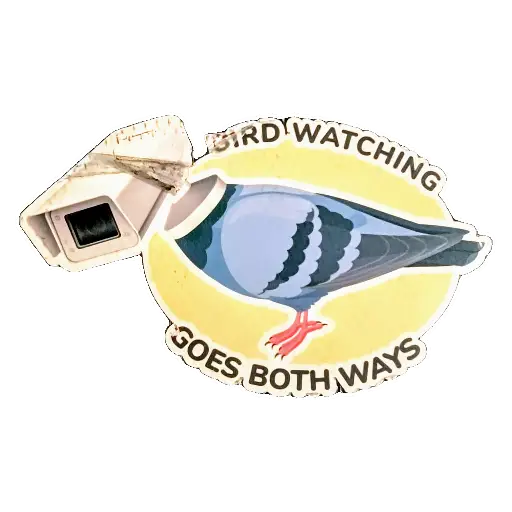 Sticker of a pigeon with a surveillance camera instead of a head and the text 'Bird watching goes both ways'