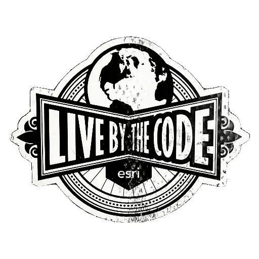 Sticker of a globe, the text 'Live by the code' and the Esri logo