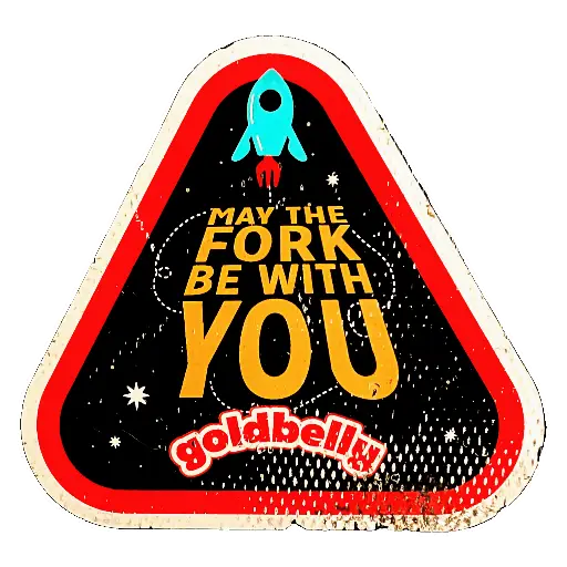 Triangular sticker with the text 'May the fork be with you Goldbelly' skewed like the Star Wars opening.