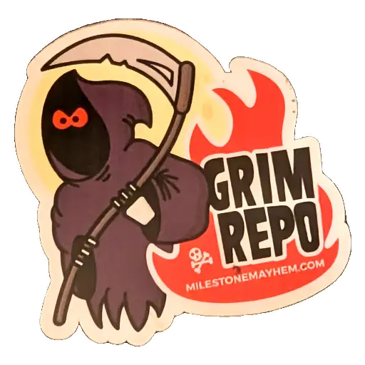 Sticker of a grim reaper and scythe called 'Grim Repo' referring to a code repository and the text 'Milestone mayhem'