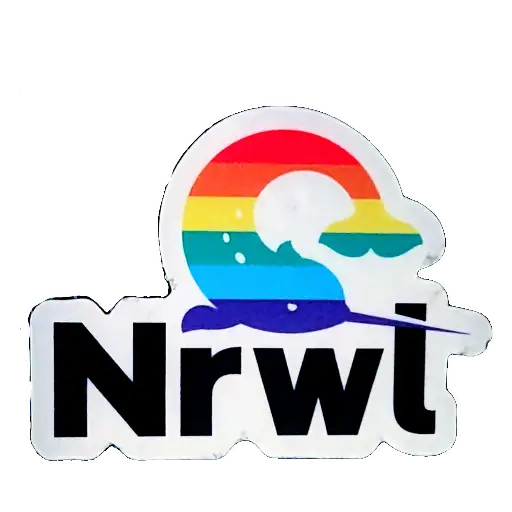 Sticker of a rainbow narwal and the Nrwl company logo