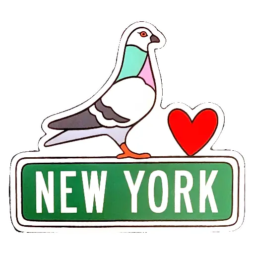 Sticker of a pigeon on a green 'New York' sign with a heart