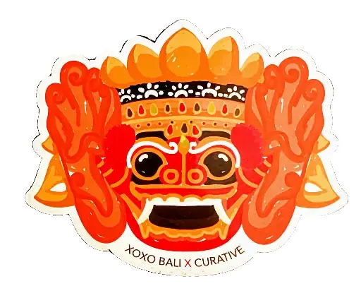 Colorful cultural mask sticker with text 'XOXO Bali X Curative'