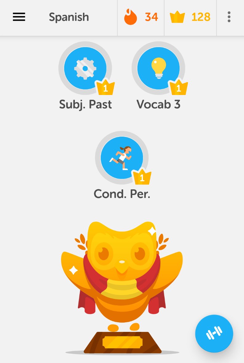 Screenshot of the Duolingo app with a golden owl trophy.