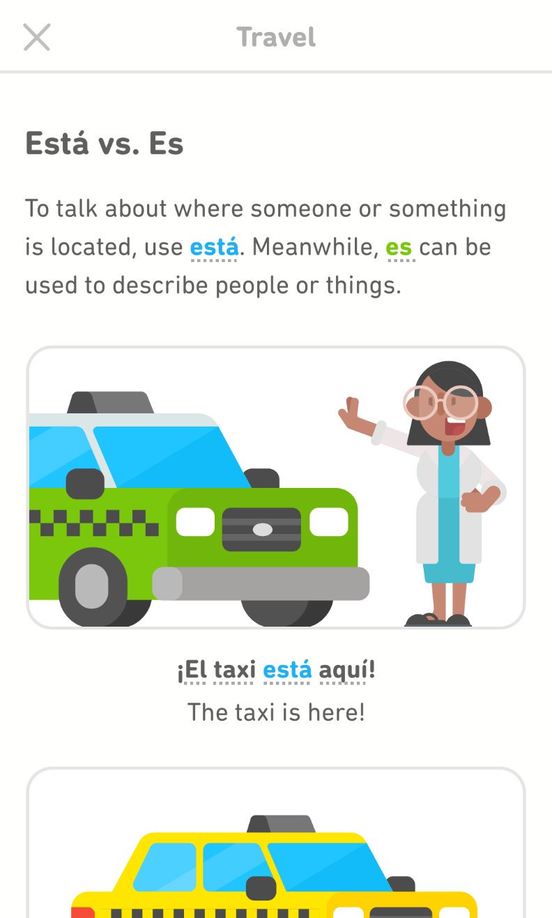 Screenshot from the Duolingo app showing a page describing the difference between está and es in Spanish.