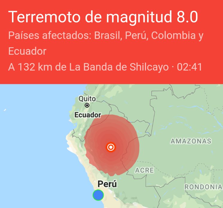 Screenshot of an earthquake map of Northern Peru and Spanish text describing statistics.